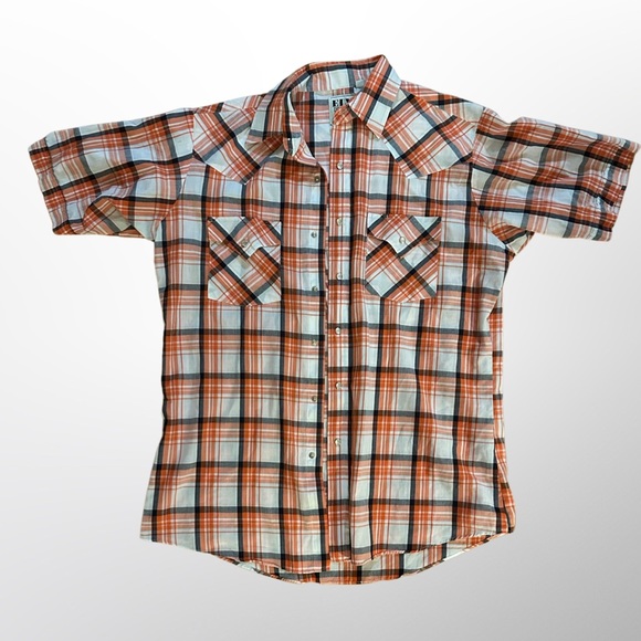 Men’s Ely Cattleman Snap Front Size Medium Short Sleeve Shirt/Plaid Orange/ Navy - Picture 1 of 2